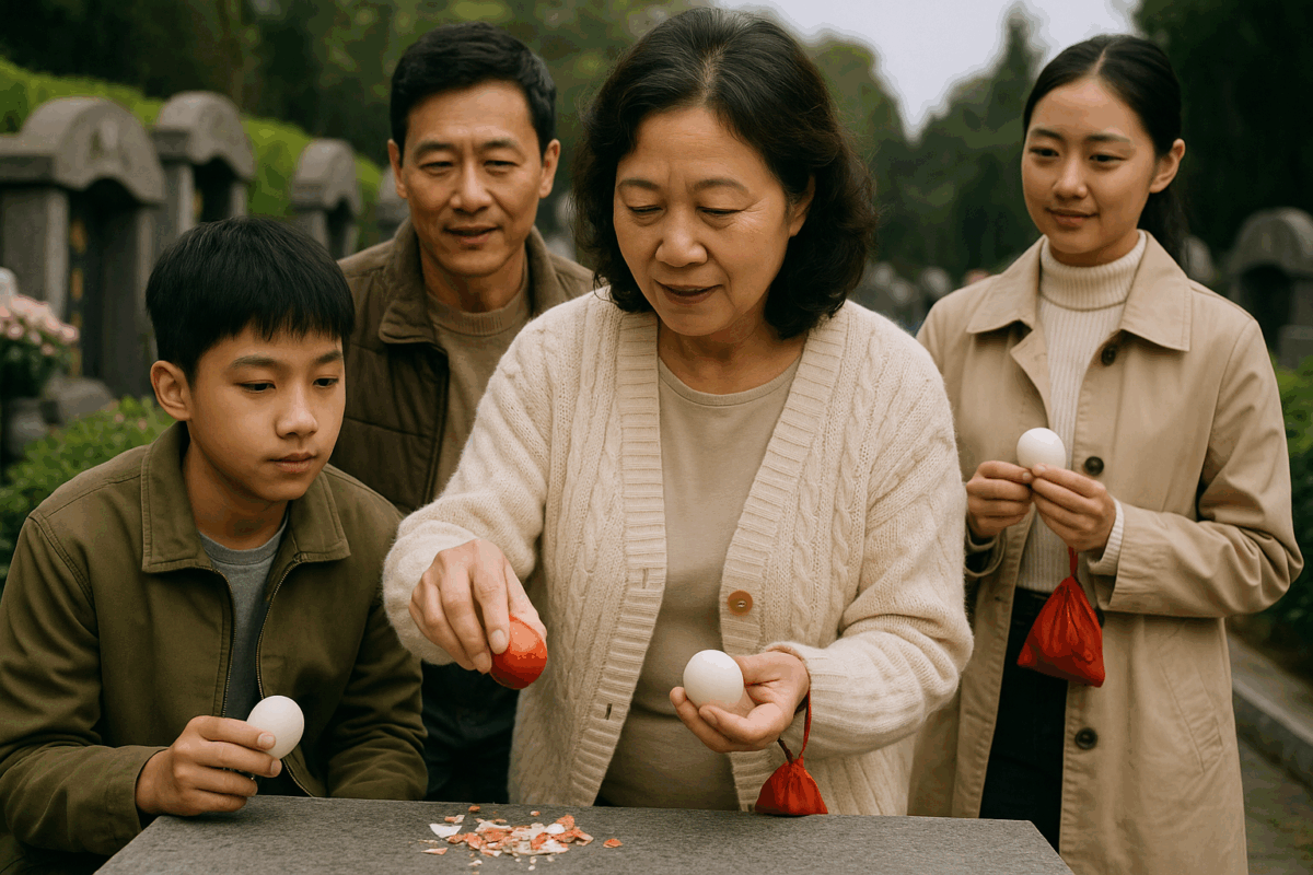 翰鑫福龍紀念園掃墓剝蛋殼習俗AI示意圖